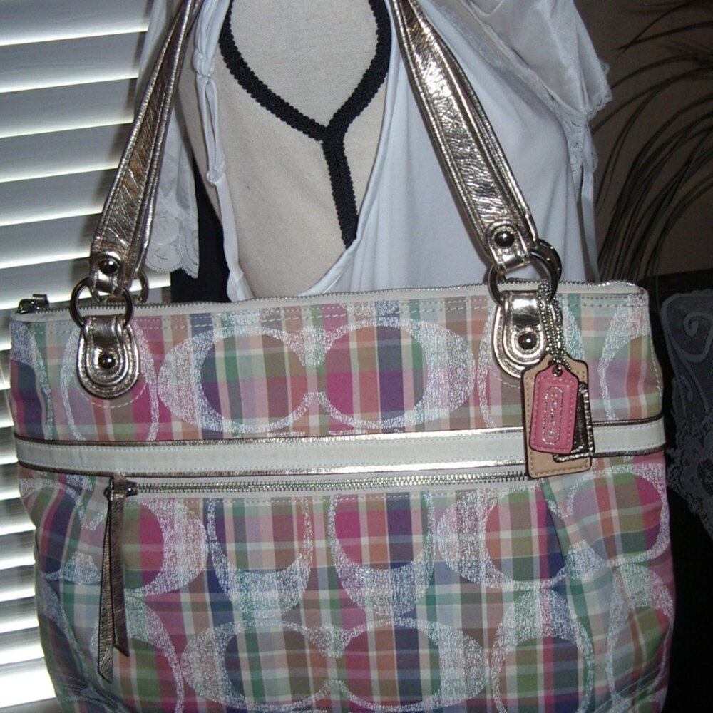 COACH POPPY GLAM MADRAS LARGE SIGNATURE GOLD TRIM HANDBAG 19611